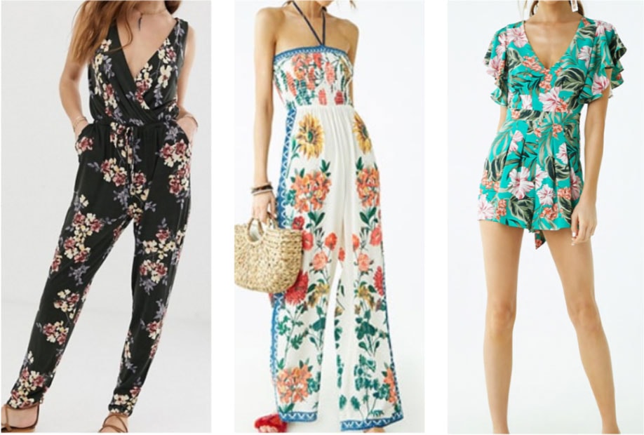 Floral rompers and jumpsuits: Sleeveless jumpsuit, halter jumpsuit, frill sleeve romper