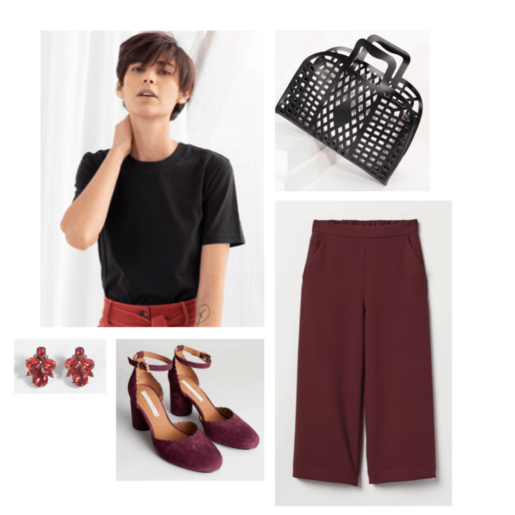 Melisandre inspired outfit with dark red pants, black tee, red suede pumps, cutout bag