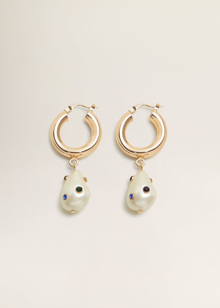 Mothers day gifts under : Thick, gold hoop earrings with faux-baroque pearls embellished with multi-colored rhinestones
