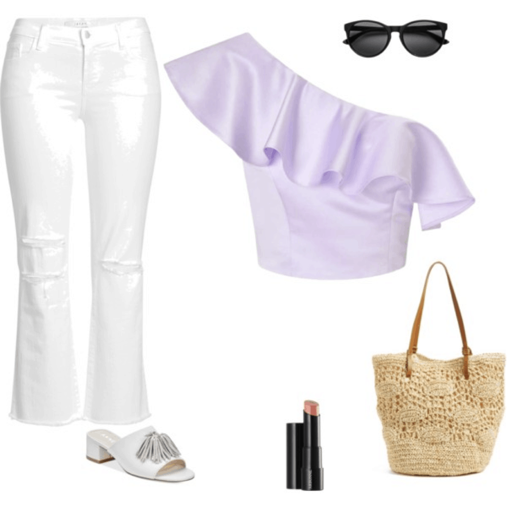 Mary Seng Happily Grey look for less: Ruffled one shoulder top in lavender, cropped flares in white, tassel slides in white, woven handbag