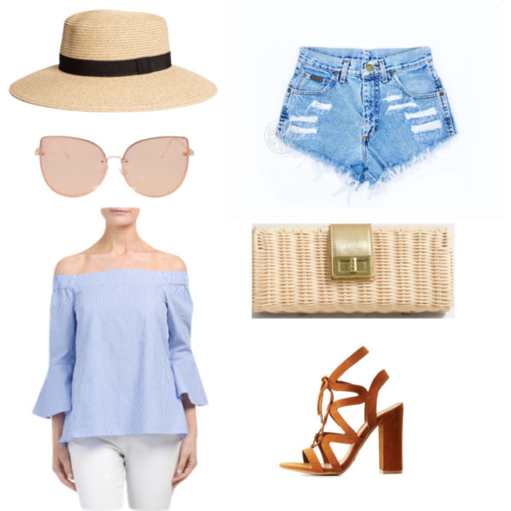 Mary Seng Happily Grey look for less: Striped off shoulder top, denim shorts, lace up heels, wide brim straw hat, sunglasses, woven clutch