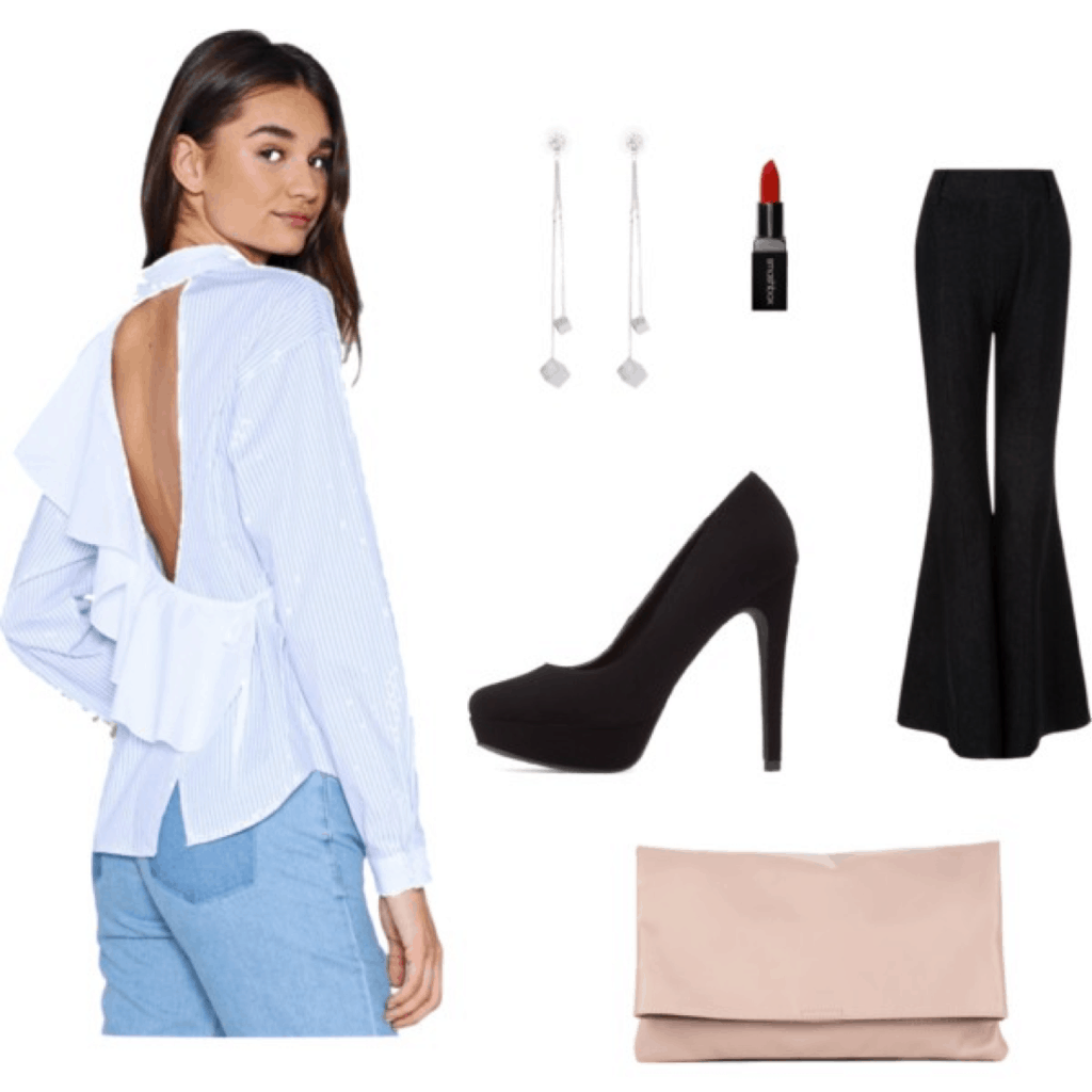 Mary Seng Happily Grey look for less: Outfit with blue and white stripe ruffled back top, black flared pants, black platform heels, red lipstick, dangly silver earrings and pink clutch