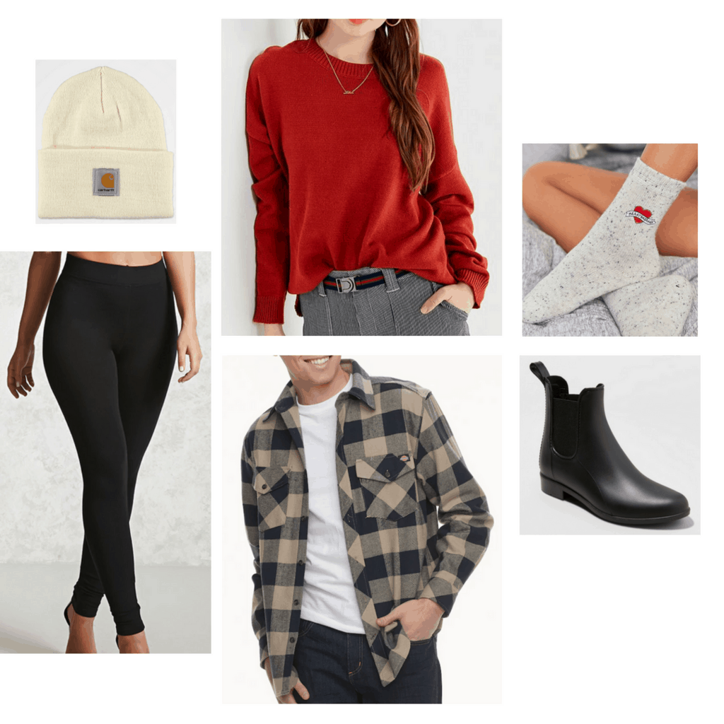 camping, red sweater, socks, black boots, beanie, leggings, flannel, summer