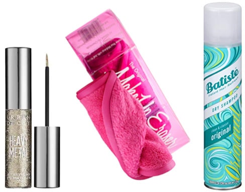 Music festival beauty - extras including glitter liner, makeup eraser, and dry shampoo