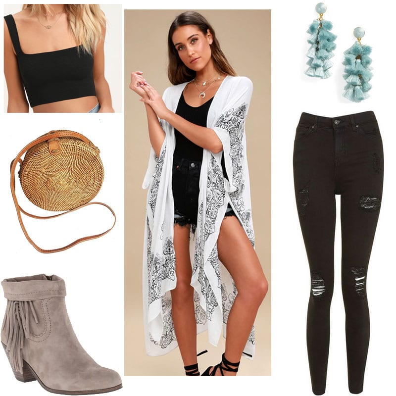 Music festival outfit 3: Kimono jacket, white crop top tank, ripped black jeans, desert boots in taupe suede, tan crossbody woven bag, fringe statement earrings
