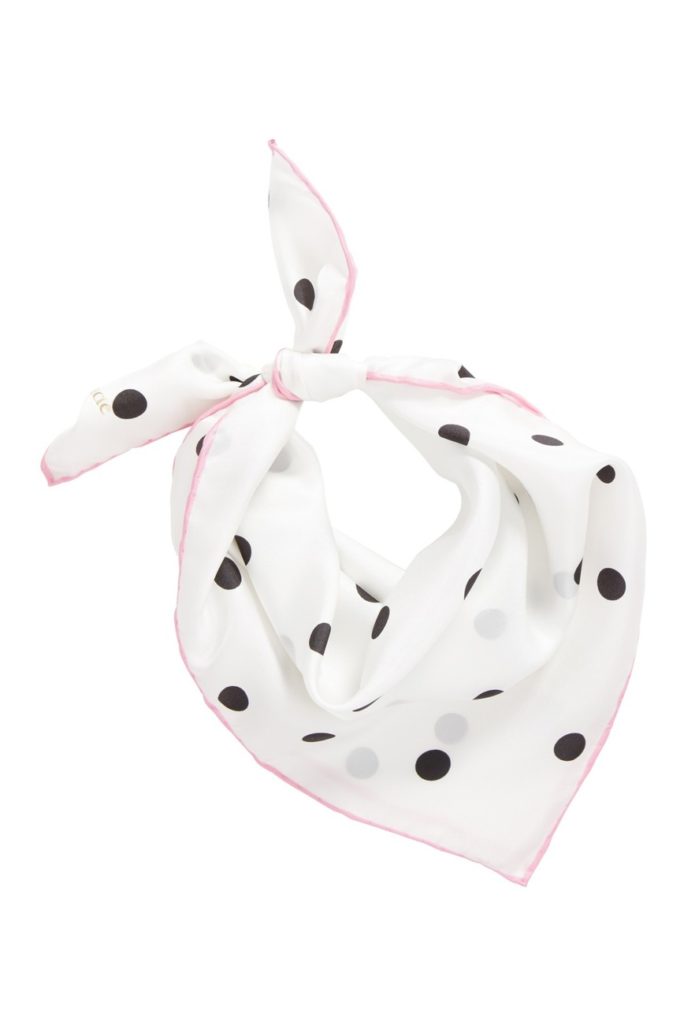 White silk square bandana with light pink trim and black polka dots
