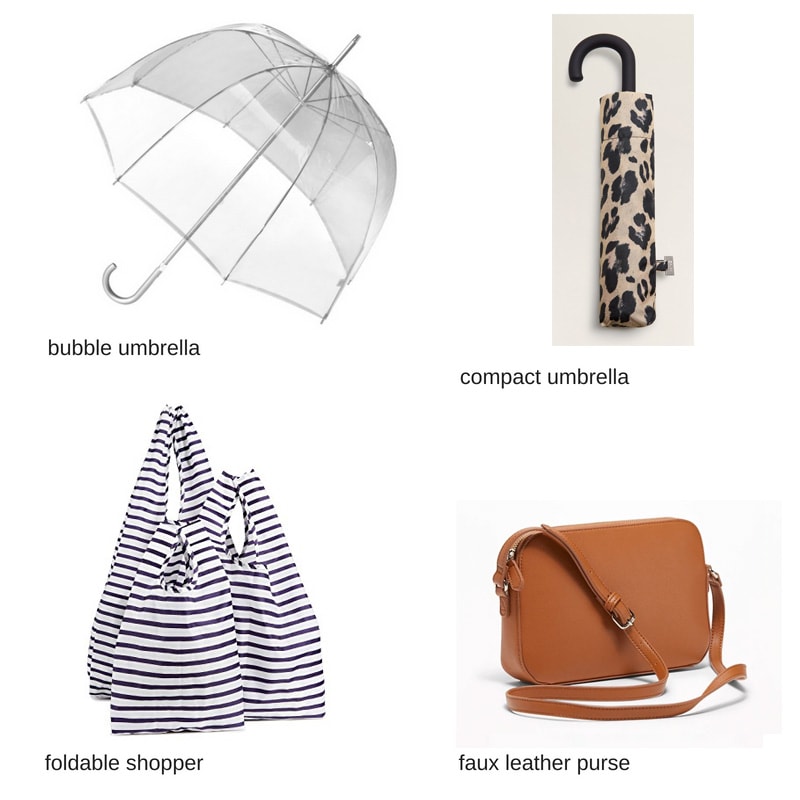 Rainy day accessories: Bubble umbrella, compact umbrella, foldable nylon shopping tote, faux leather purse