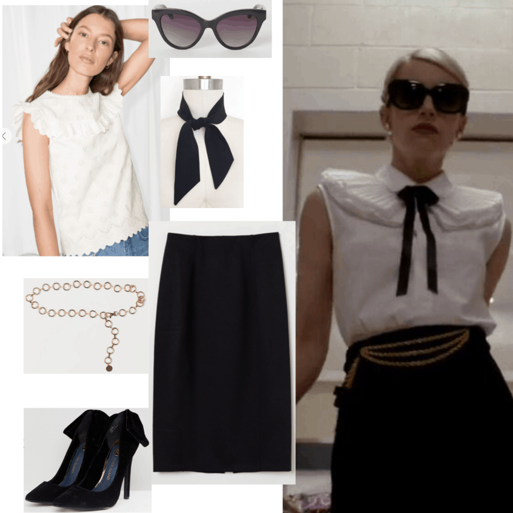 How to dress like Chanel Oberlin from Scream Queens: Outfit idea with black pencil skirt, white blouse with black bow, black heels