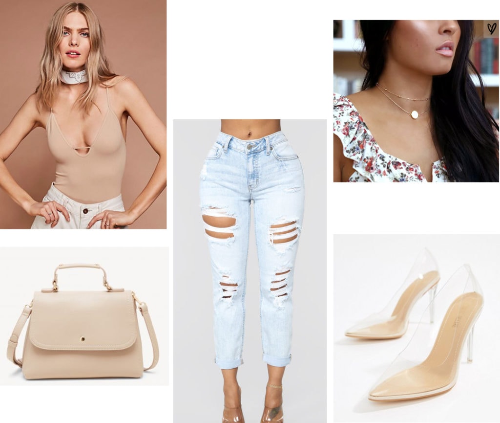 Ripped jeans outfit for night with nude bodysuit, clear heels, simple necklace, nude satchel