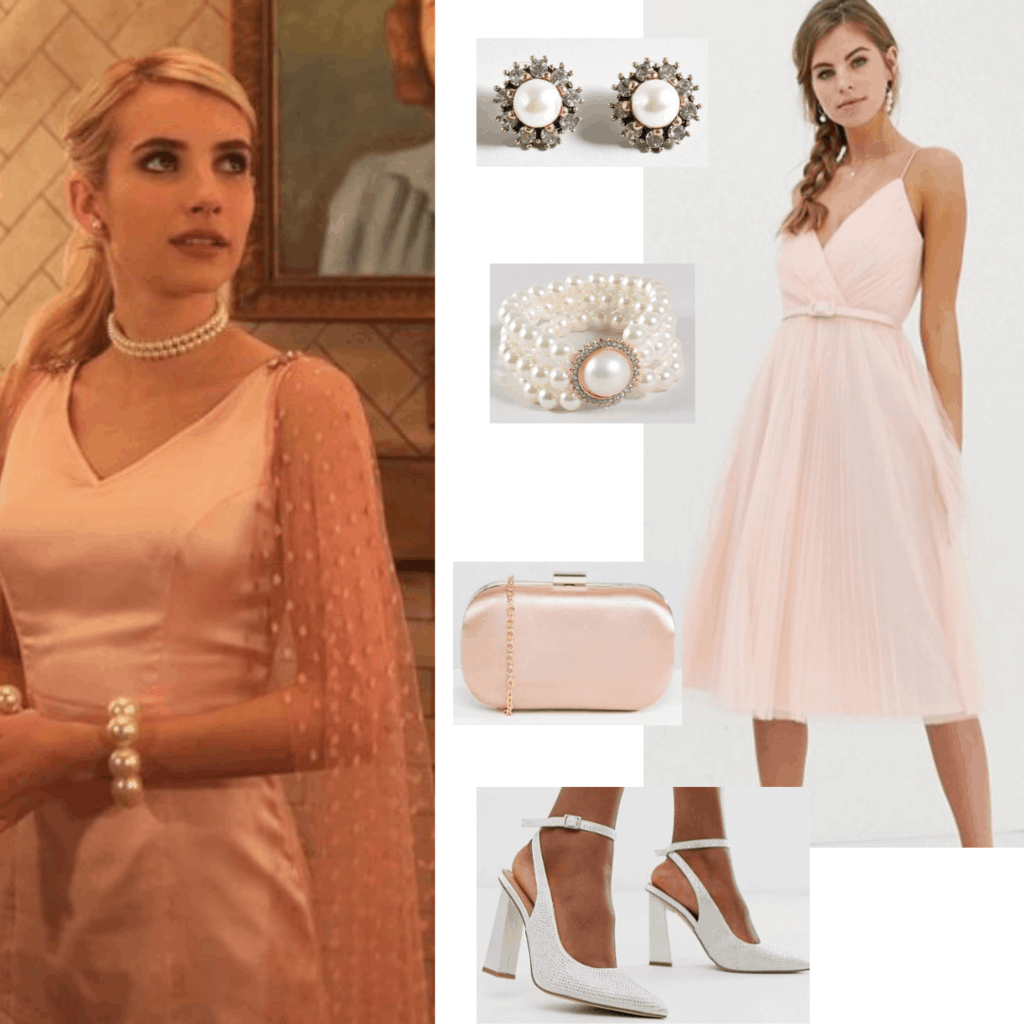 Chanel Oberlin style outfit from Scream Queens with pink formal dress, white heels, pink chain strap bag