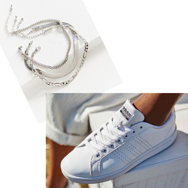 Silver chain anklet and white sneakers