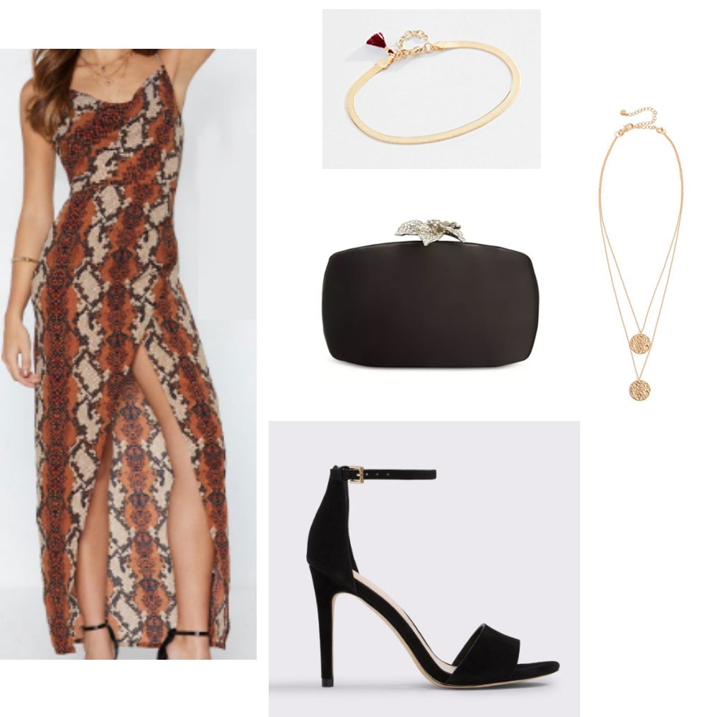 Sorority formal outfit with snakeskin print maxi dress, strappy black heels, black box clutch, gold jewelry