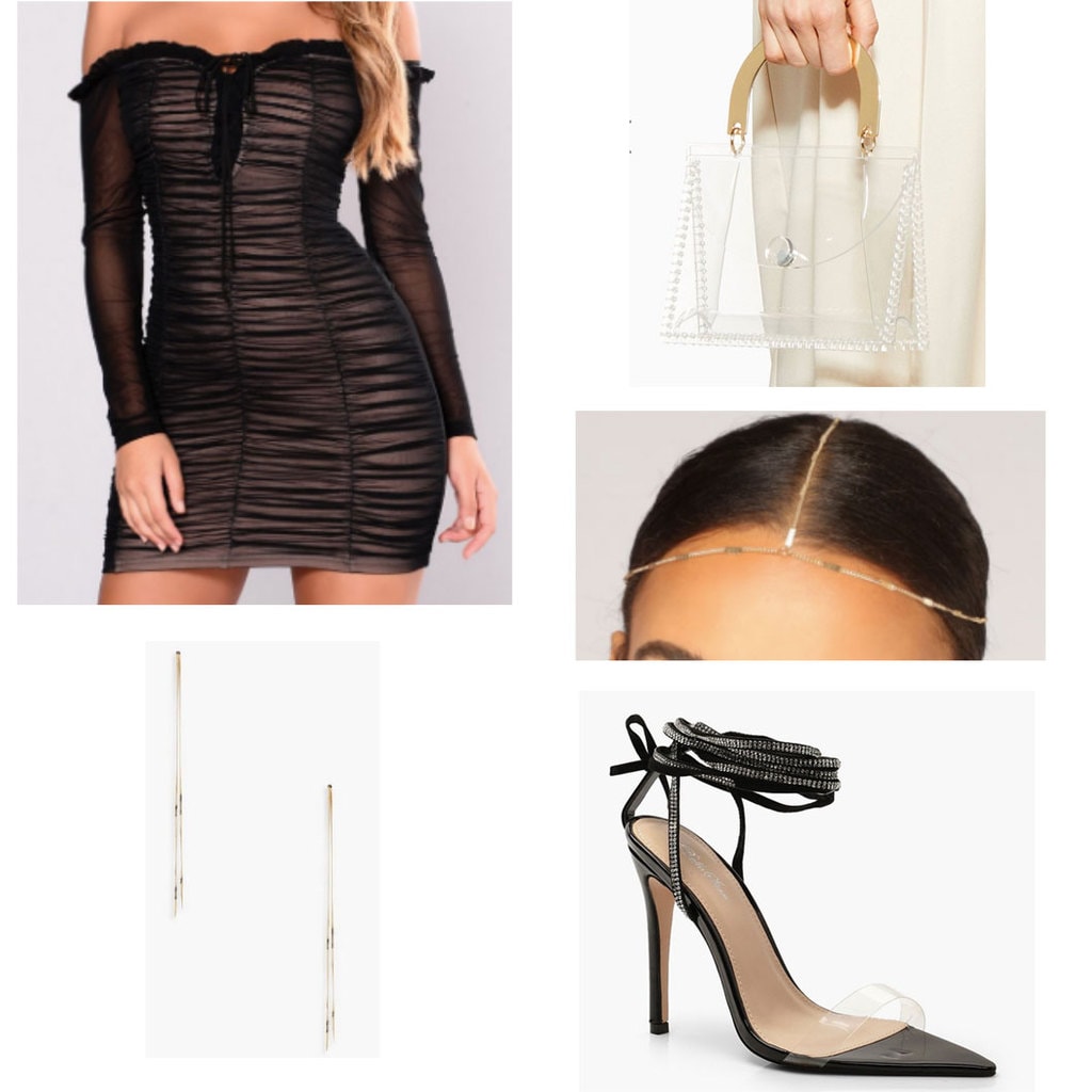 Sorority formal outfit with off the shoulder dress, long earrings, mini bag, hair jewelry, and lace up perspex heels