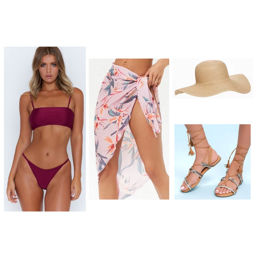 swimsuit, bikini set, sarong, wrap, straw sun hat, gladiator sandals