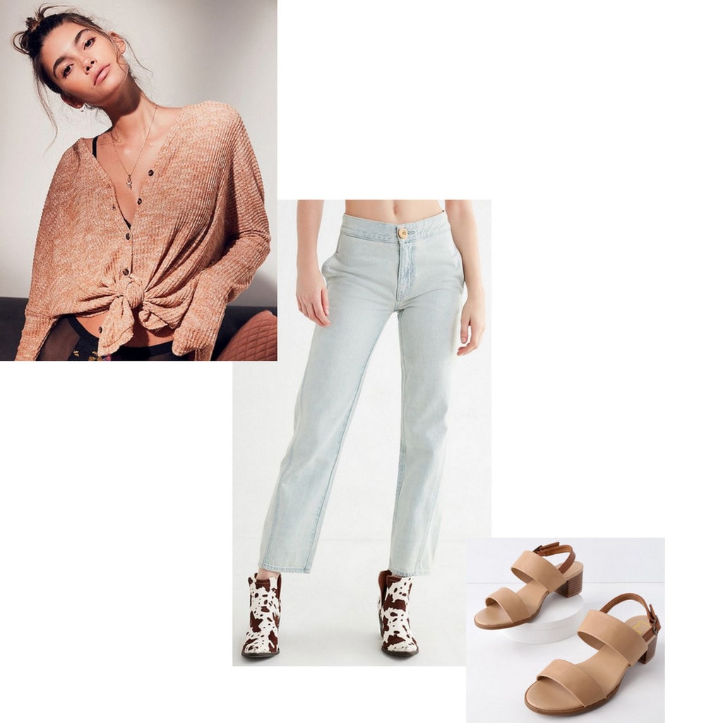 straight leg jeans, sandals, top, shirt