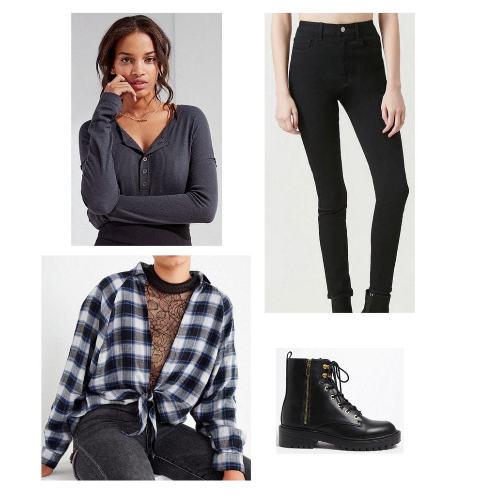 henley, black high waisted jeans, flannel, black combat boots