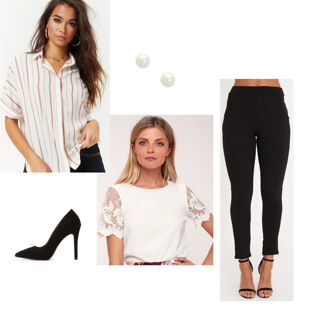 business formal, internship, trousers, cigarette pants, pearl earrings, black heels, blouse, button-up