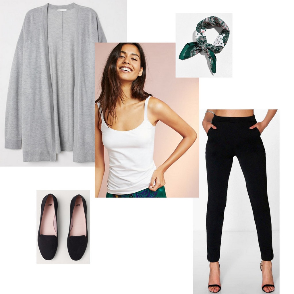 cardigan sweater, neck scarf, tank top, trousers, loafers