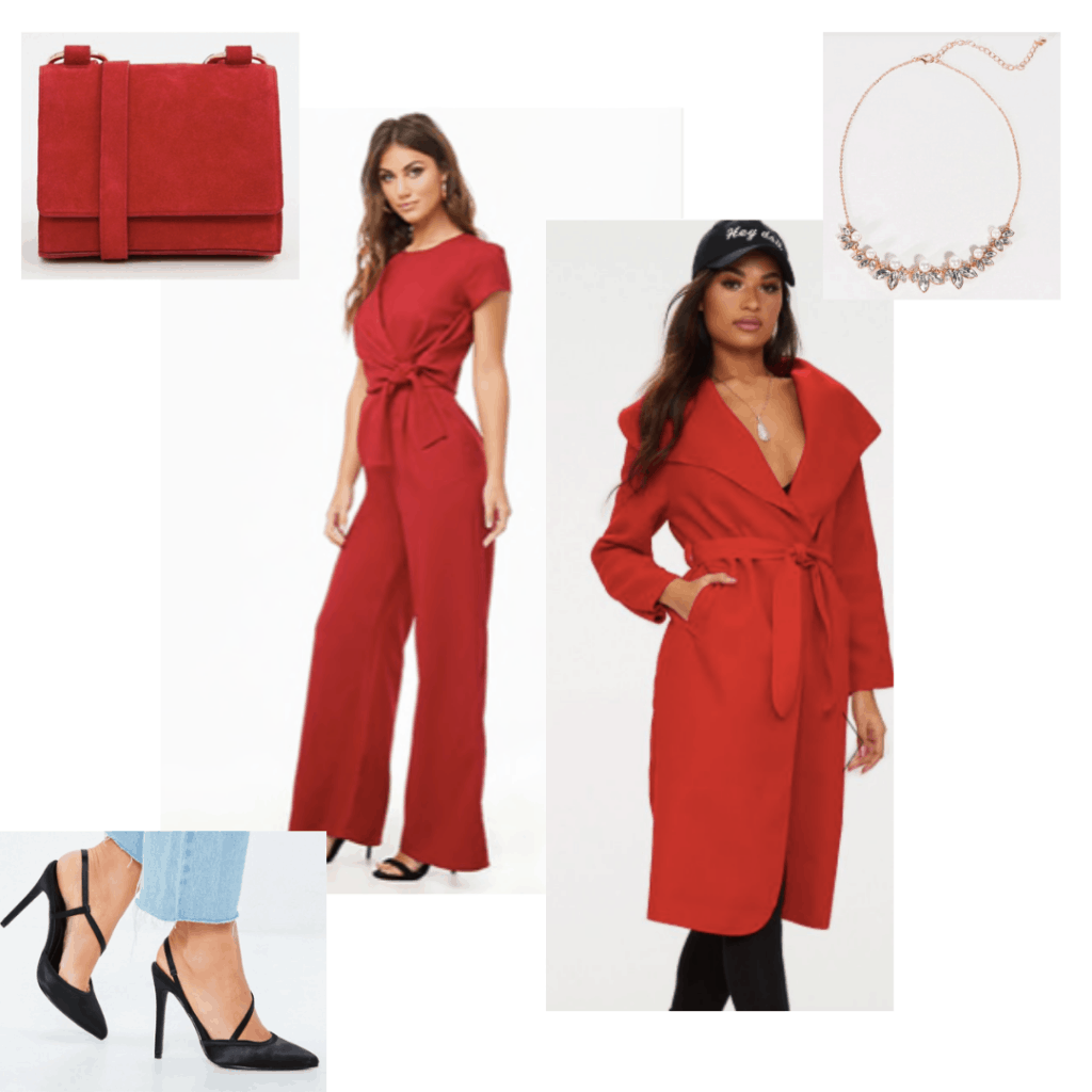 Outfit inspired by Melisandre from Game of Thrones: Red pants, red coat, black heels, red crossbody, gold necklace