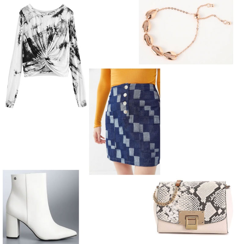 Trendy mini skirt outfit with patchwork skirt, white boots, snakeskin mini bag, shell necklace