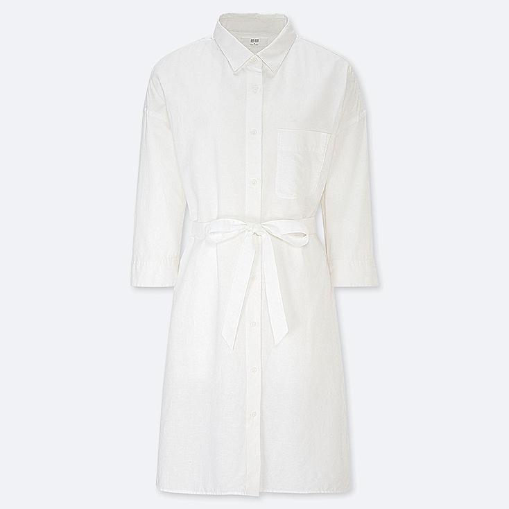 White three-quarter sleeve knee-length shirt dress with collar and self-tie belt at waist