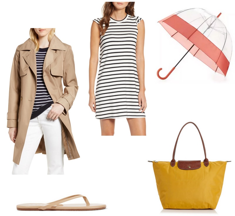 Warm rainy day outfit with classic trench coat, striped shirtdress, patent leather flip flops, coral bubble umbrella, Longchamp tote in mustard