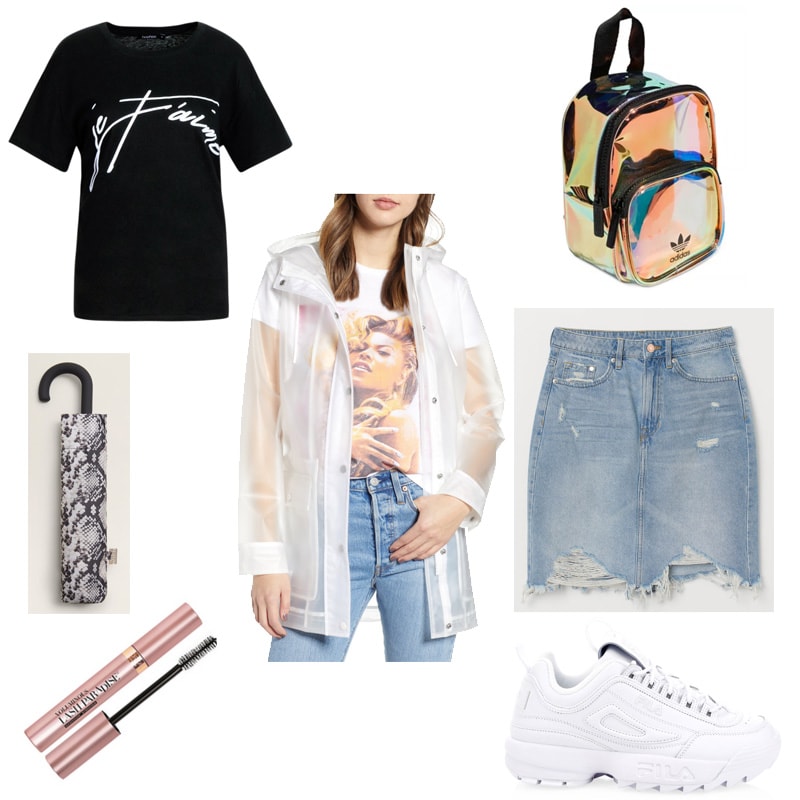 Warm rainy day outfit idea with clear rain coat, graphic tee, ripped denim mini skirt, dad sneakers, mascara, iridescent mini backpack, snake print umbrella