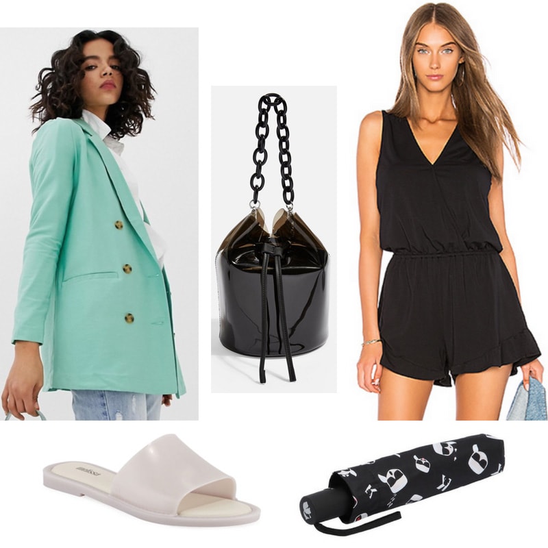 Trendy rainy day outfit with black romper, oversized green blazer, waterproof slides, PU bucket bag, umbrella