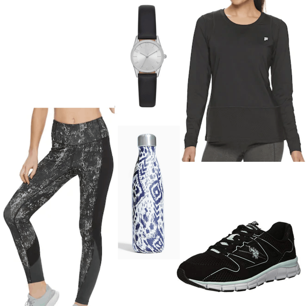 What to wear on a morning jog: Outfit idea with printed leggings, black long sleeve top, black sneakers, water bottle, watch