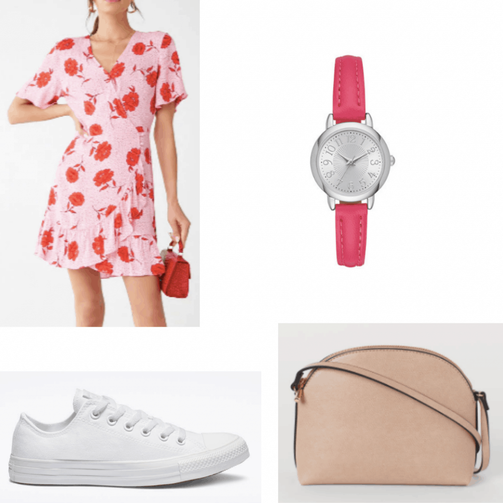 Outfit idea for an outdoor kids party: Floral dress, pink watch, white sneakers, crossbody