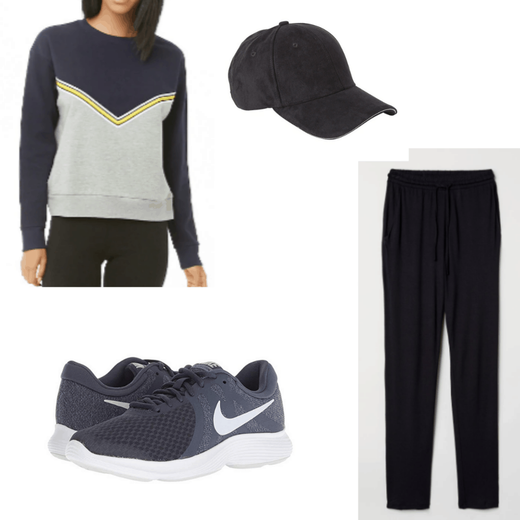 What to wear on a morning jog: Outfit idea with black joggers, black sweatshirt, black sneakers, black hat