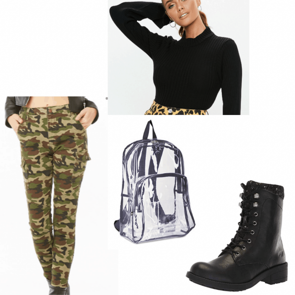 Camo pants outfit for class with black turtleneck sweater, clear backpack, black combat boots