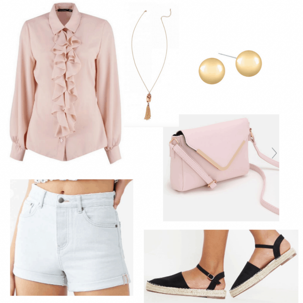 What to wear to an outdoor kids party: Outfit idea with light wash denim shorts, flat espadrilles, pink ruffle blouse, jewelry