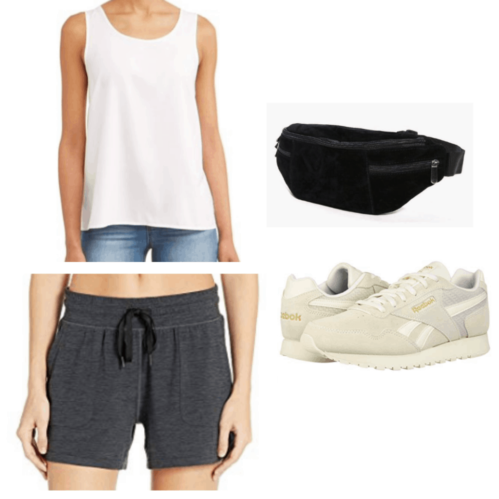 What to wear on a morning jog: Outfit idea with white tank top, black shorts, gray sneakers, black fanny pack