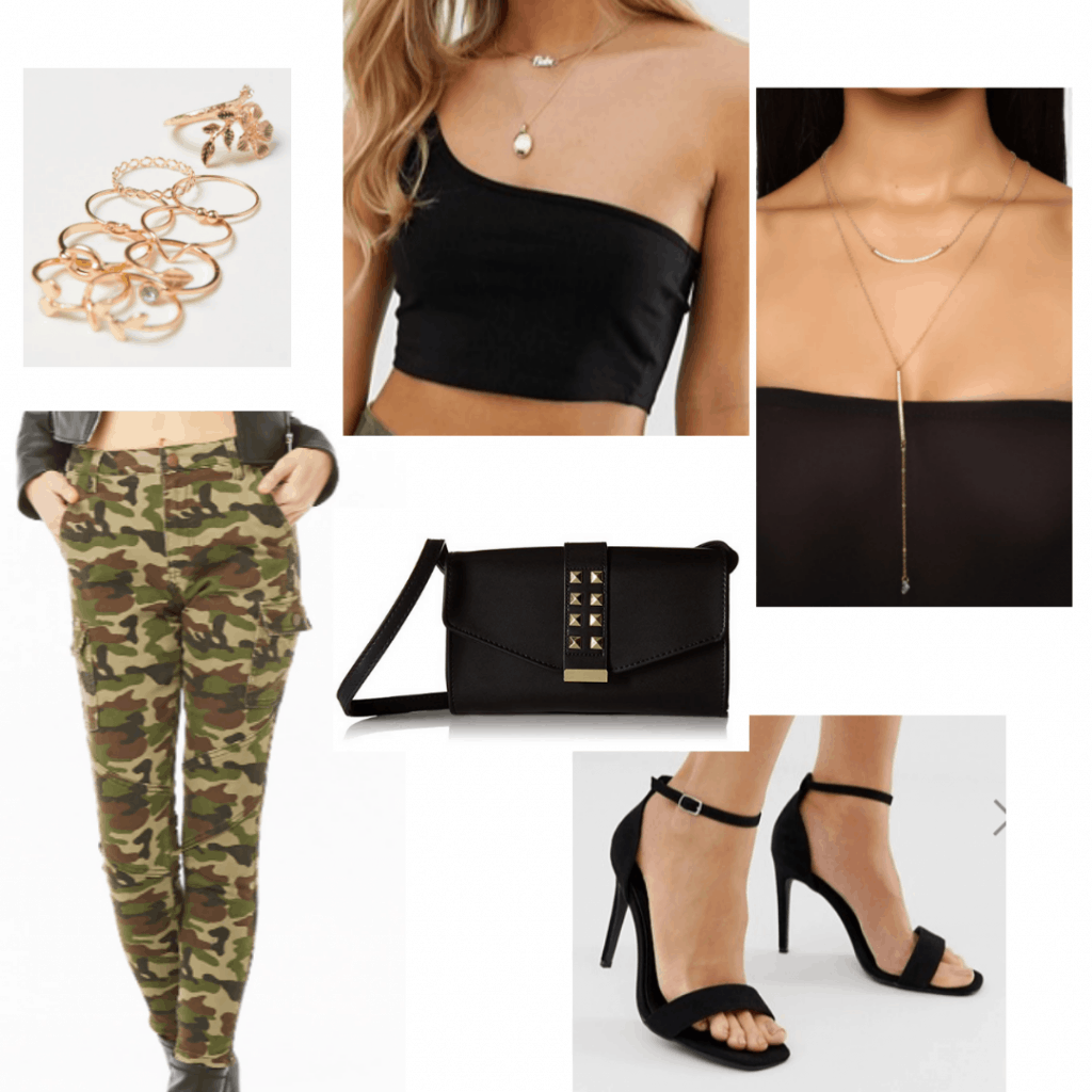 Camo pants outfit for night with black one shoulder crop top, layered necklace, gold rings, simple heels