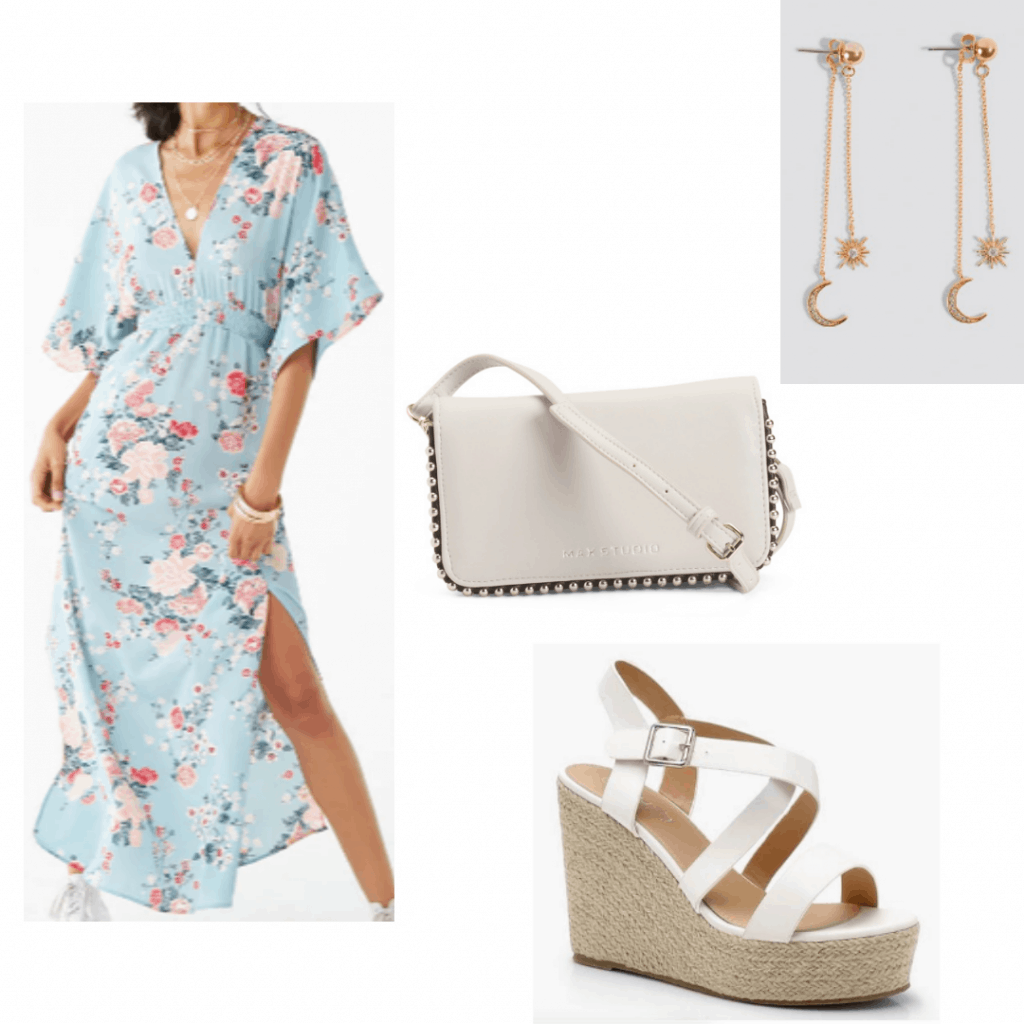 Outfit for a kids party: Maxi dress, espadrilles, dangle earrings, studded crossbody