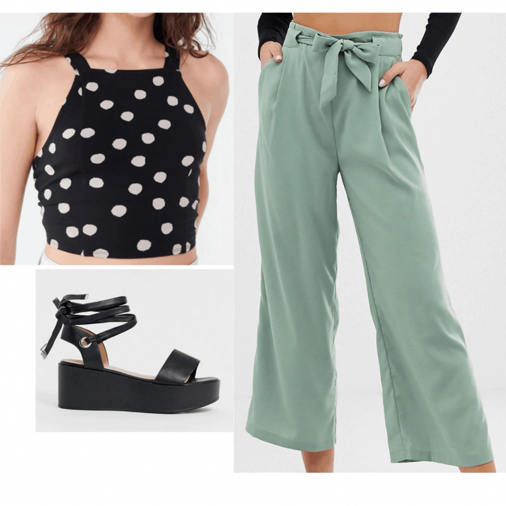 Platform sandals outfit with black platform sandals, mint green pants, polka dot crop top