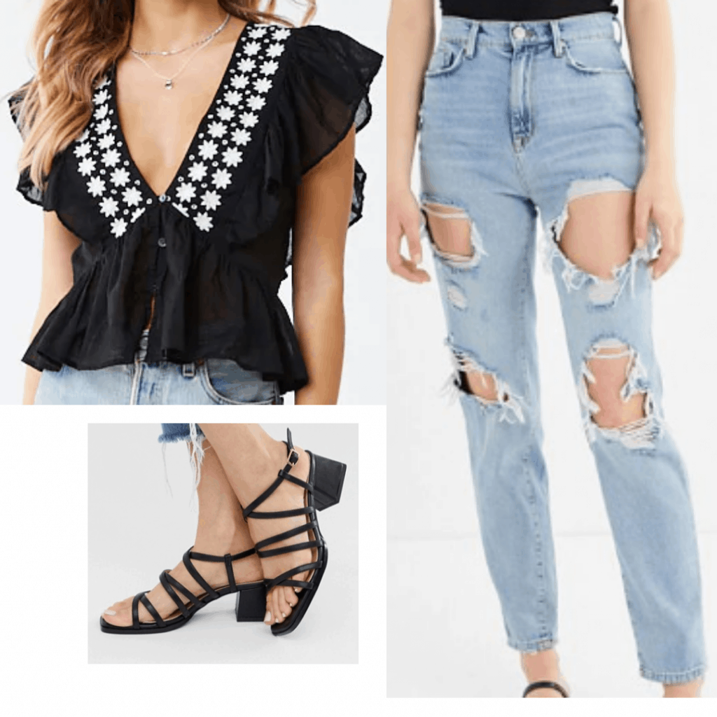 Summer vacation outfit with ripped jeans, v-neck blouse, black sandals