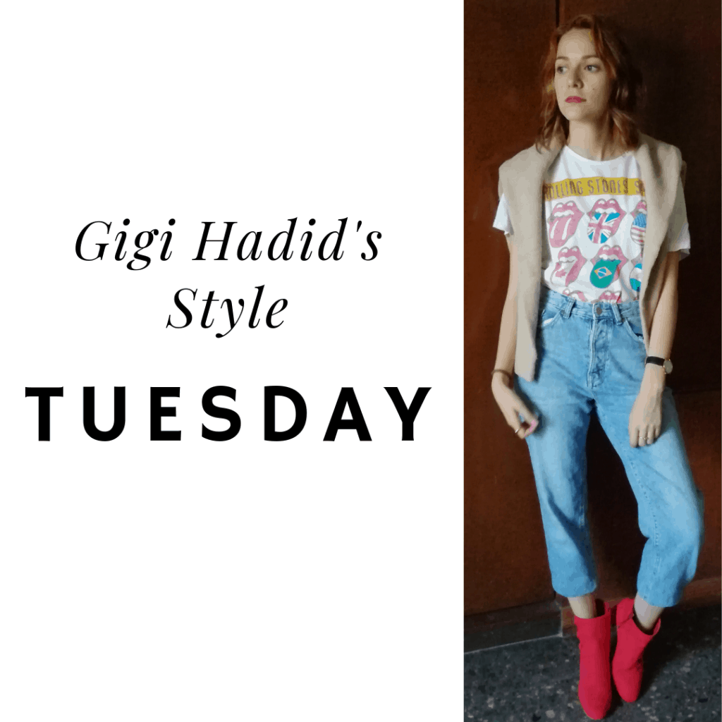 Gigi's style: Tuesday jeans, t shirt, sweater, booties