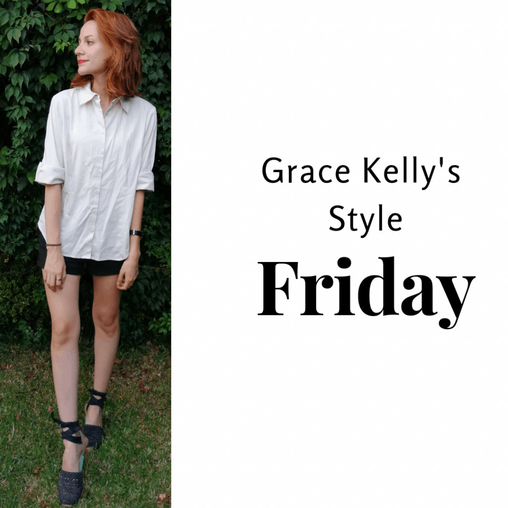 Grace Kelly's Style Friday: white shirt, black shorts and black espadrilles. 