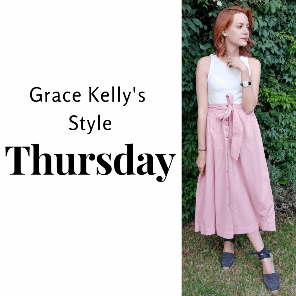 Grace Kelly's Style Thursday: pink skirt, white top and black shoes. 