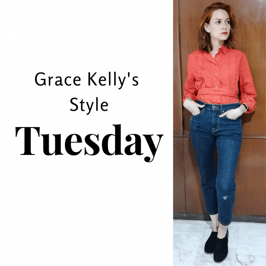 Grace Kelly's Style Tuesday: red shirt, jeans, loafers. 