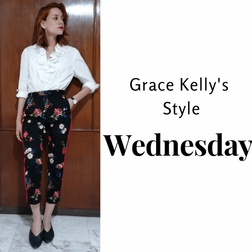 Grace Kelly's Style Wednesday: White shirt, patterned pants and black flats. 