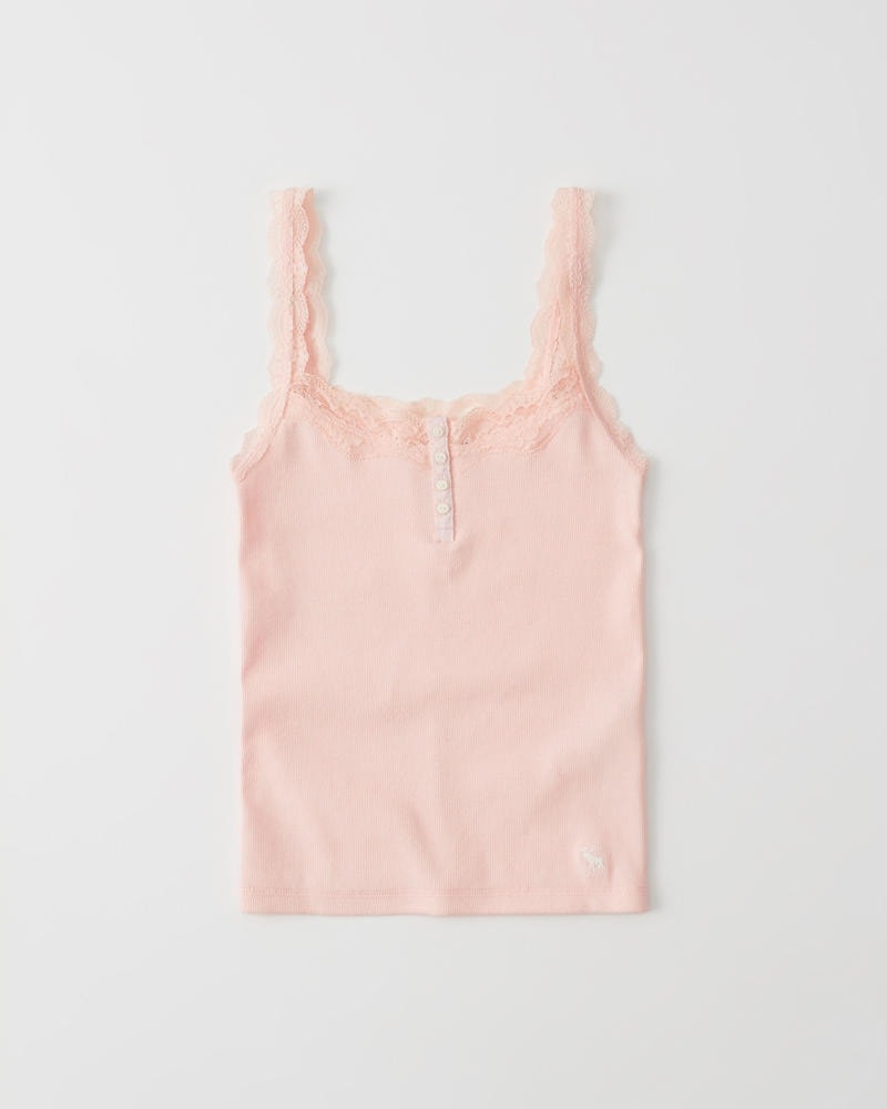 Pale pink ribbed henley tank top with lace trim and white moose logo at bottom corner.