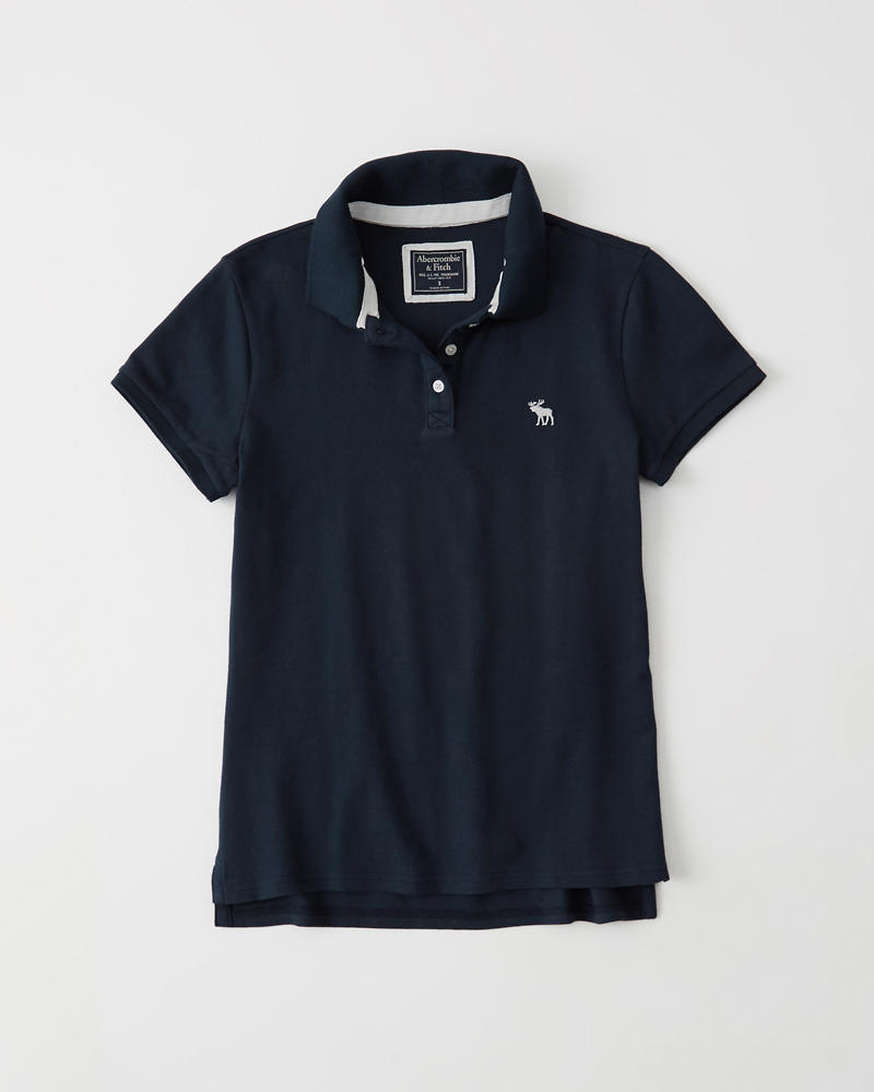 Navy blue short-sleeved polo shirt with white moose logo at chest.
