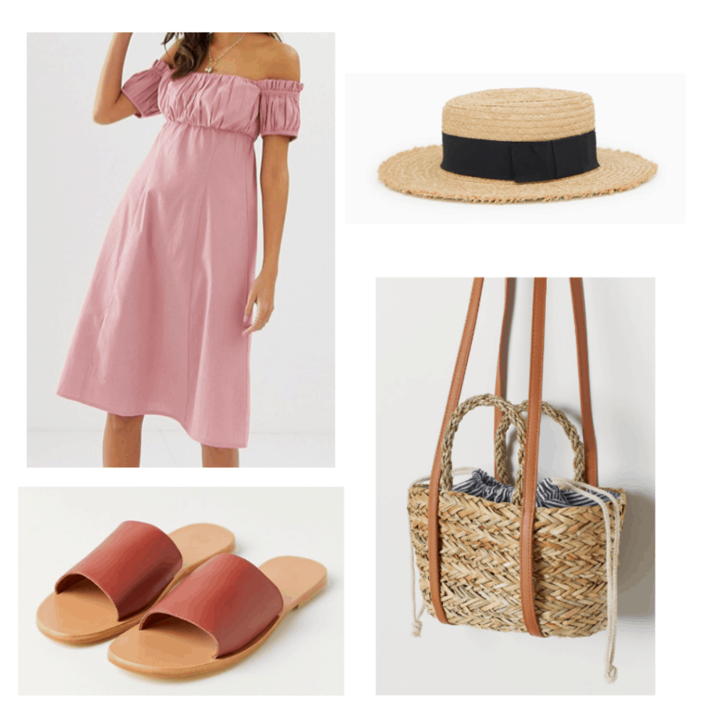 off shoulder pink sundress, straw boater hat, brown slide sandals, fabric straw tote crossbody bag