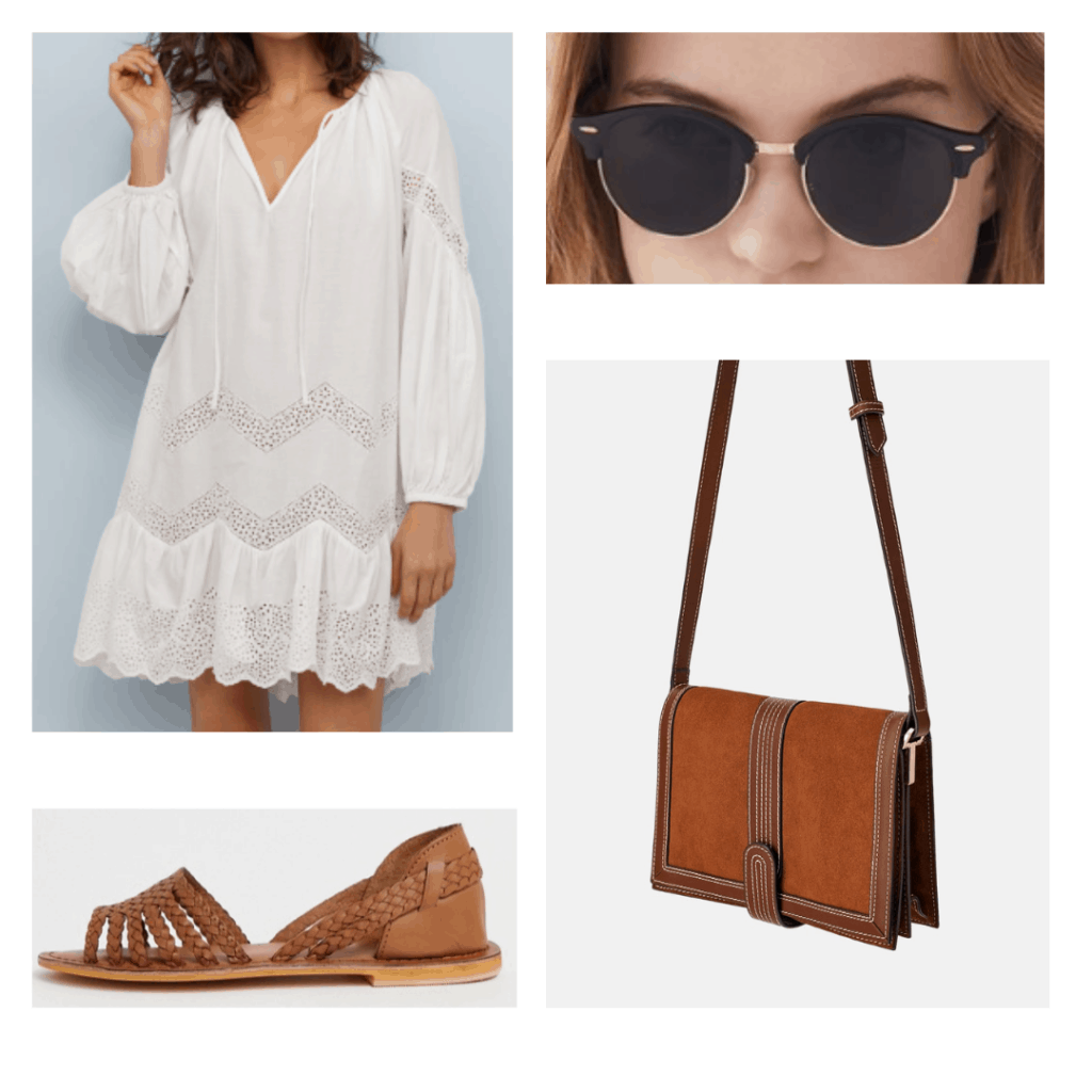 white cotton dress, sunglasses, brown crossbody bag, brown huarache sandals