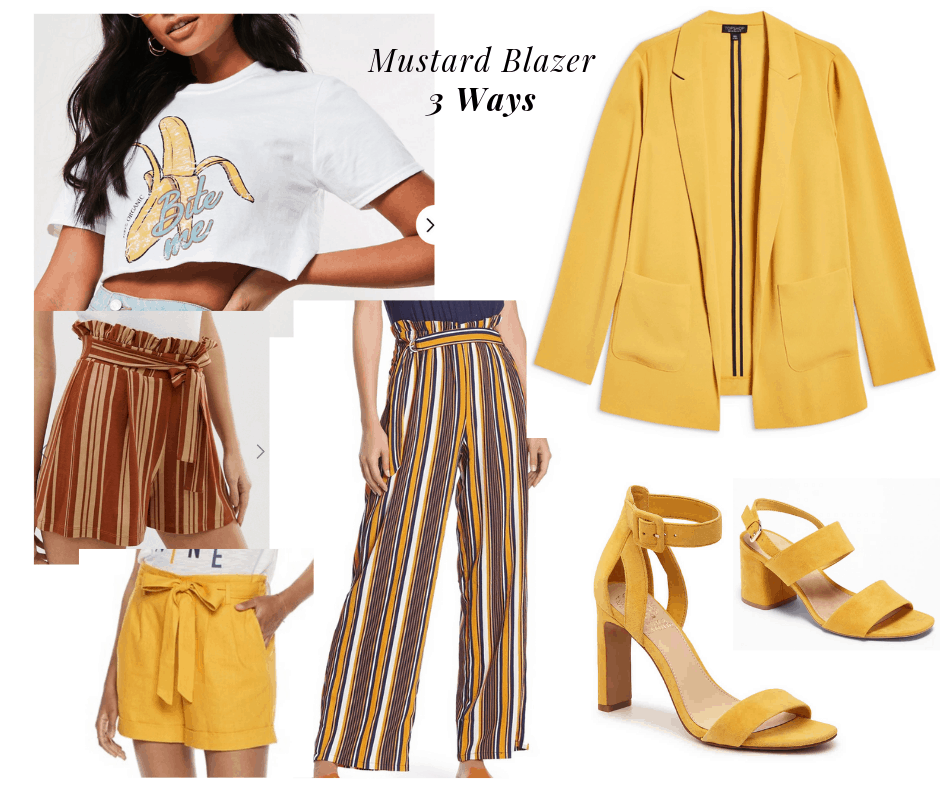 outfit panel with mustard blazer, white tee, 2 shorts, one pant, and two heels