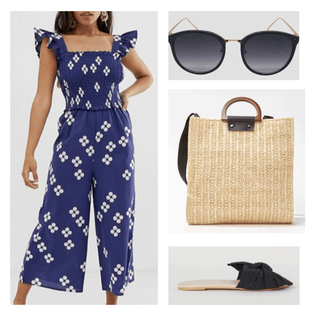 purple and white floral jumpsuit, black sunglasses, straw tote with strap, black sandals