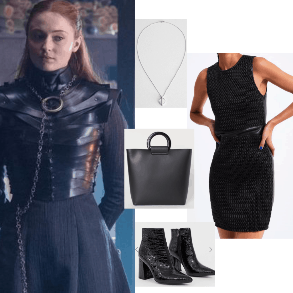 Outfit inspired by Sansa Stark with black dress, black bag, pointed toe boots, silver necklace